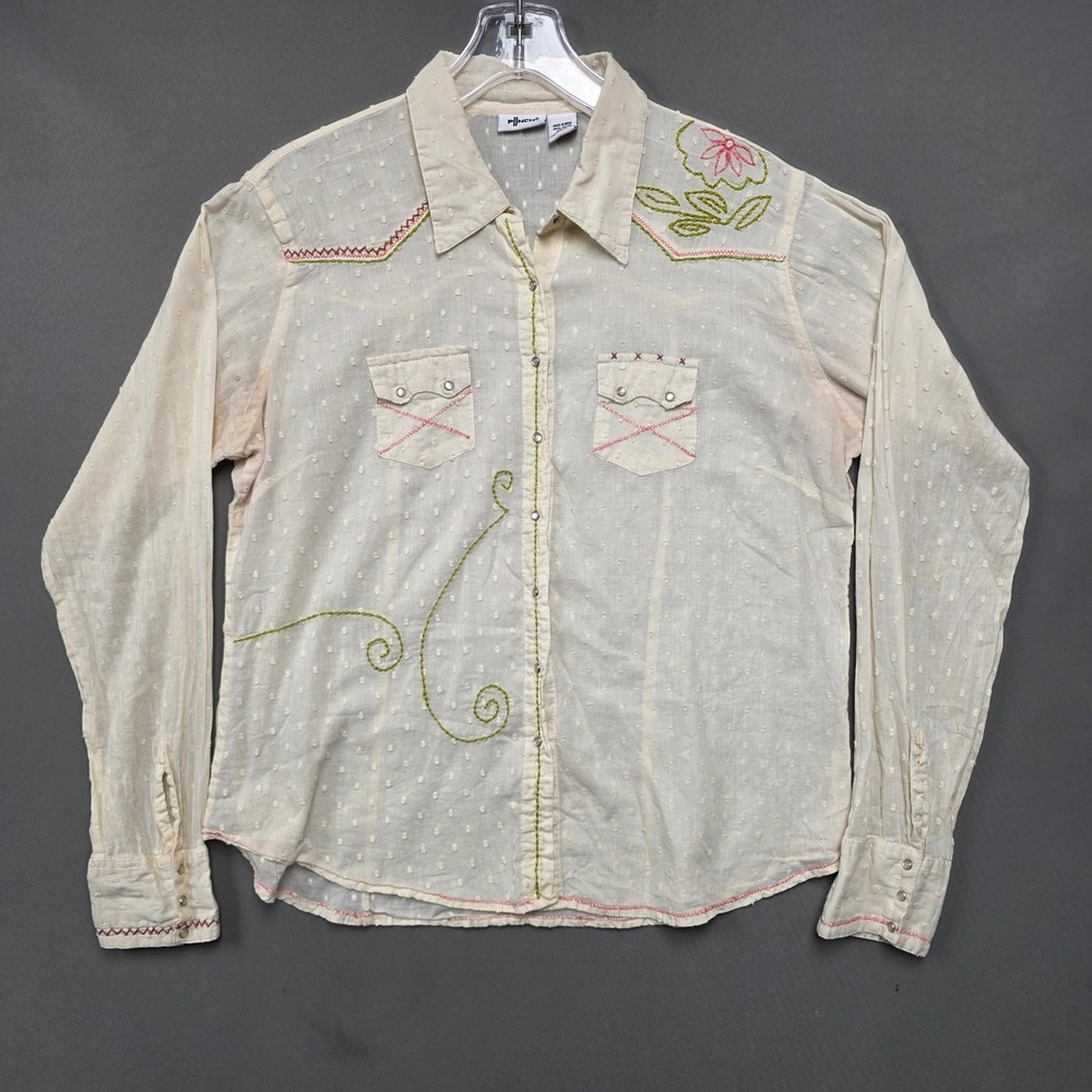 Punch Western Pearl Snap Shirt Womens XL Ivory Swiss Dot Embroidered Floral Top